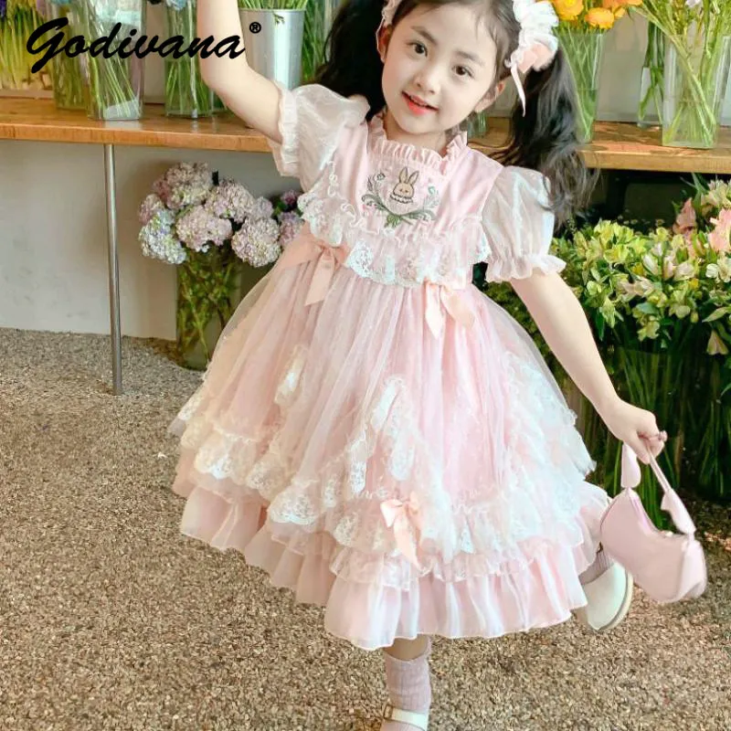 Little Girls Sweet Lolita Princess Dress 2026 New Summer Kids Cute Print Puff Sleeve Ruffle Collar Mesh Patchwork Tutu Dress