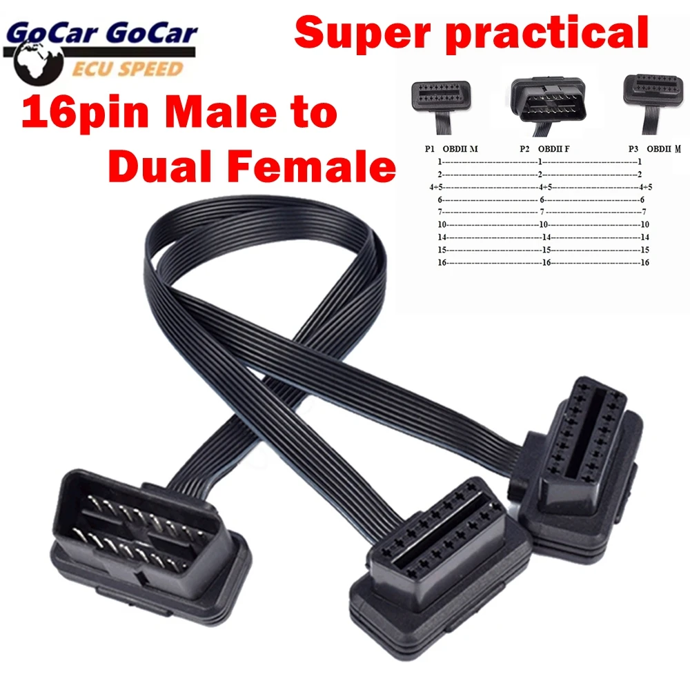 

Новейший двойной женский Y-образный разветвитель, 16-контактный OBD 2, удлинитель ODB OBD2, 16-контактный удлинительный кабель «папа-мама» с плоской лапшой OBD2