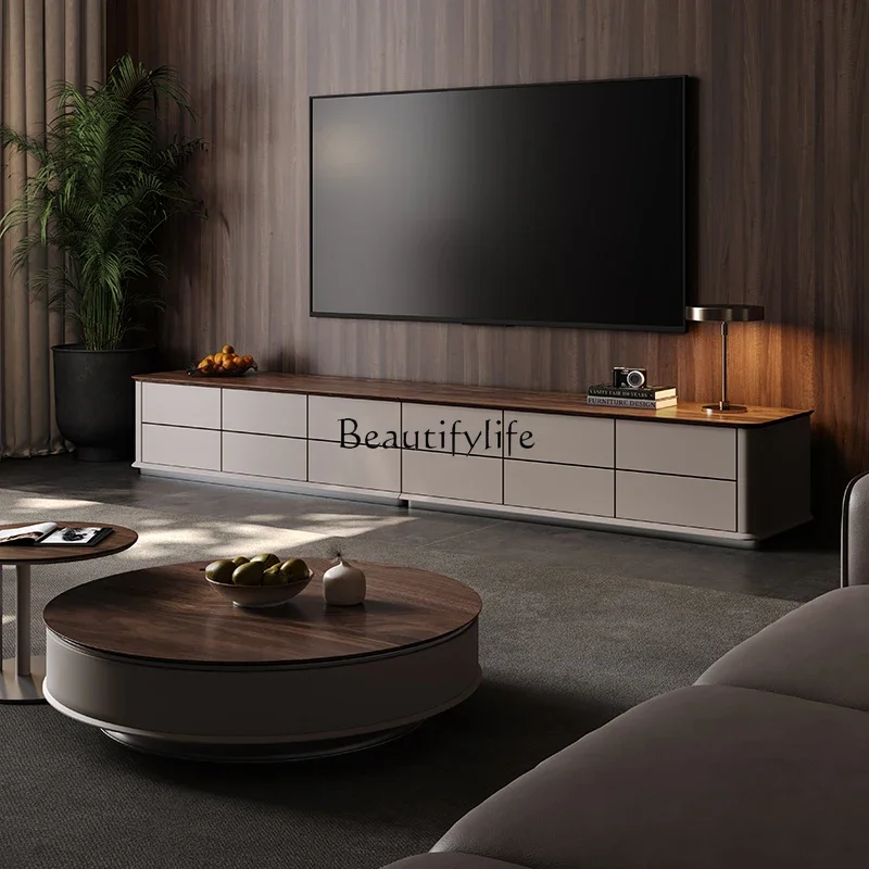 

yj5Italian Style Light Luxury Walnut TV Cabinet Living Room Home Grid Storage Cabinet
