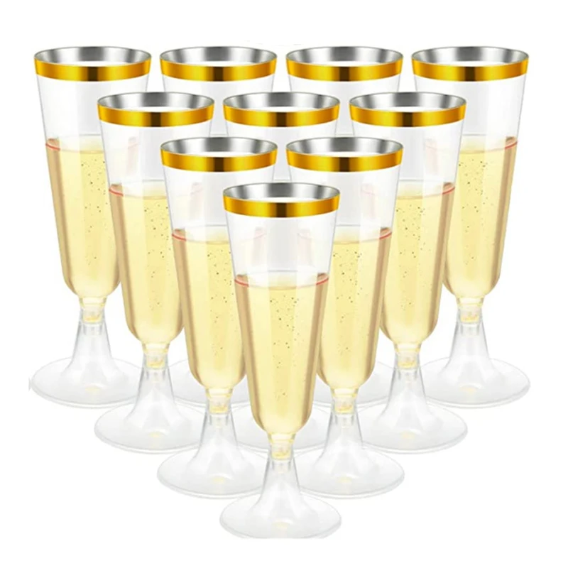 50 stuks kunststof champagnefluiten met goud omrande |   5,5 oz. Helder hard wegwerp feest bruiloft glas Premium Heavy Duty Fancy Cup