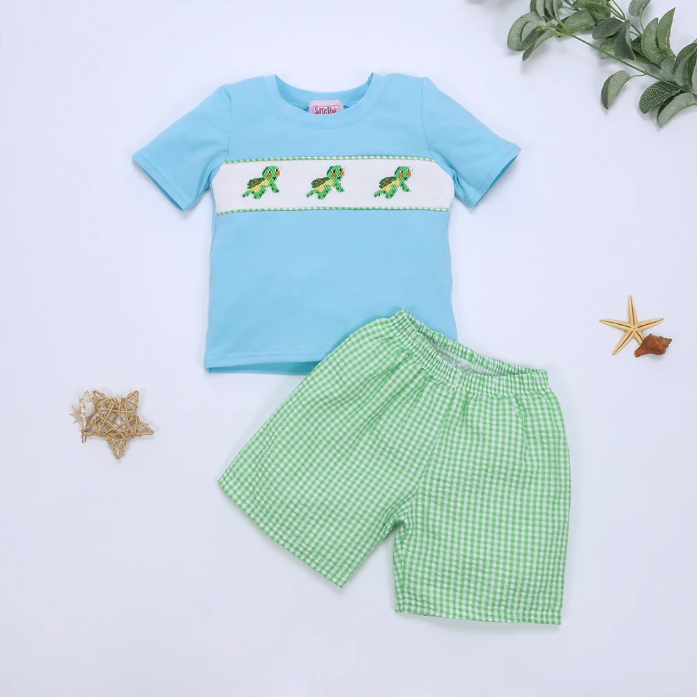 Boutique Hand Smock Baby Short Sleeved T-shirt Round Neck Turtle Pattern Boy Top Clothes Shorts Set Gril Romper Kid Clothes