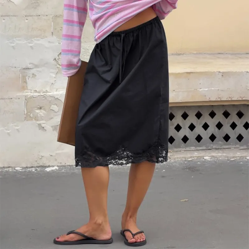 Talenza Black Lace Midi Skirt Women Fashion Lace Patchwork Drawstring Loose Straight Skirt Elegant Commute Y2K New Women's Skirt