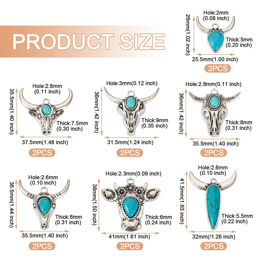 14Pcs Cattle Head Charms Synthetic Turquoise Animal Head Pendants for Jewelry Making Handmade DIY Bracelet Necklace Craft