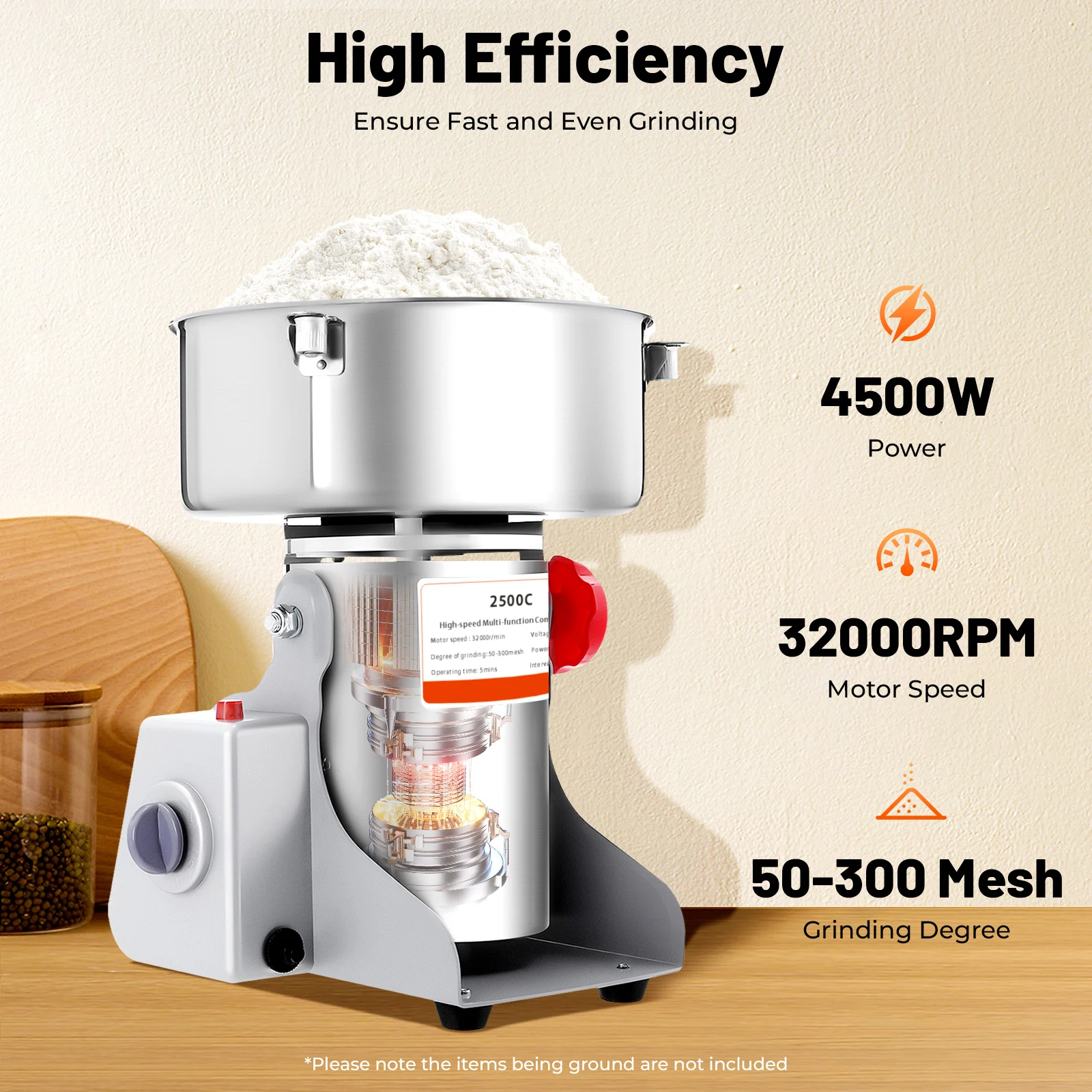Electric Grain Mill (Grist Mill) with Stainless Steel Grinding Parts, Adjustable Coarseness for Wheat, Corn, Oats, Easy to Clean