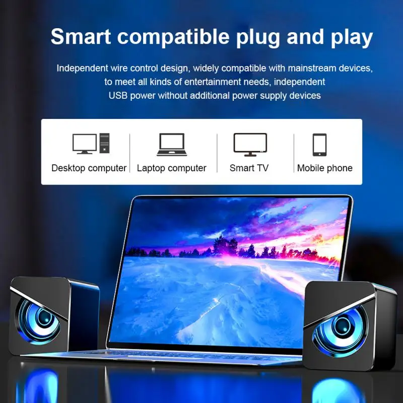 Mini alto-falantes com fio USB, som estéreo 4D, alto-falante surround, LED, Gaming Bass, PC, Laptop, Notebook