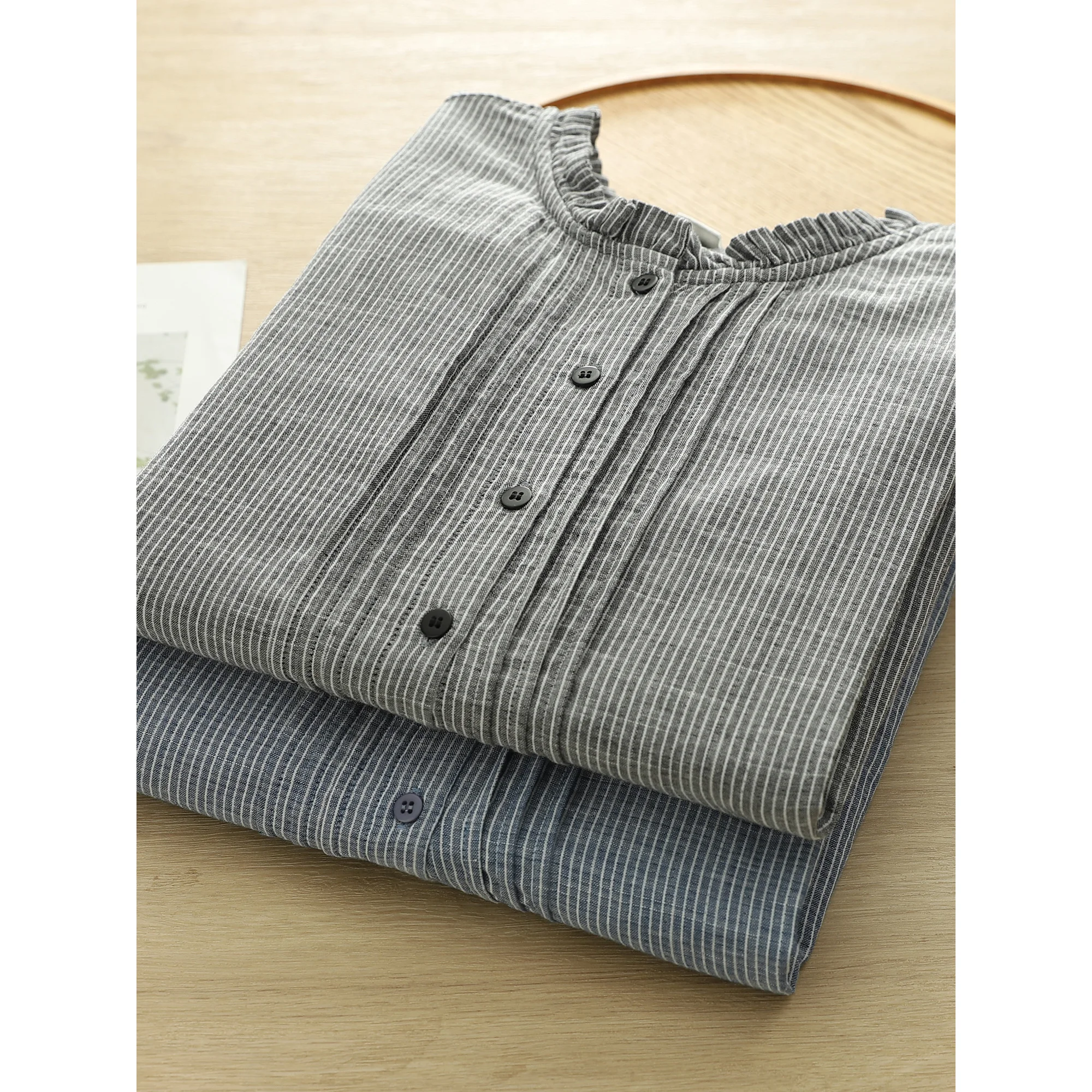 ريترو Sle المرأة فضفاضة القطن irt ربيع الخريف منقوشة طبقة مزدوجة Sve الوقوف طوق المضادة للتجاعيد طويلة Sve #1