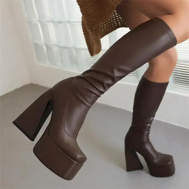Elegant Women's Boots Knee High Street Style Fashion Boot 14CM Alien Heel Tyle Thick Soled High-heeled Fashionable Elastic Boots
