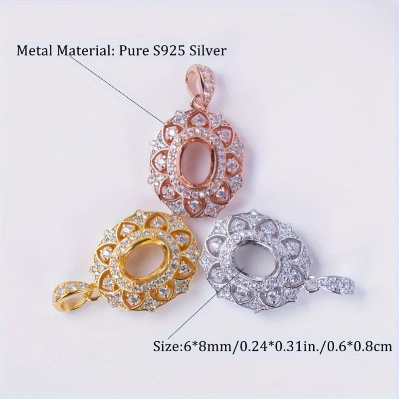 S925 Sterling Silver 6x8mm Pendant Setting Blank Semi Mount for Gemstone DIY Women's Necklace Jewelry Making