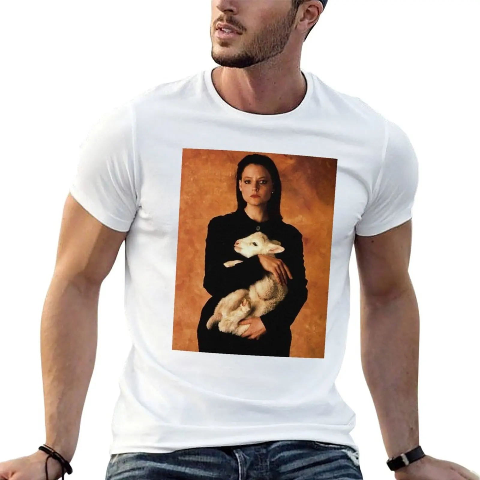 Camiseta masculina Clarice Holding Lamb, camiseta masculina de designer, camiseta gráfica masculina, camiseta masculina