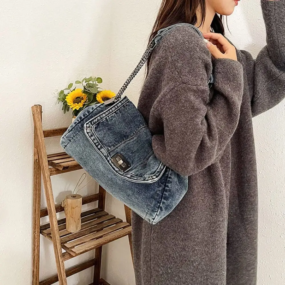

Shoulder Bag Denim Canvas Bag Metal Chain Street Style Vintage Handbag Shopping Bag Large Capacity Solid Crossbody Bag Travel