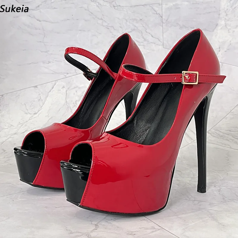 

Sukeia New Arrival Women Pumps Patent Leather Buckle Peep Toe Sexy Stiletto Heels Red Green Party Shoes Ladies US Plus Size 5-20