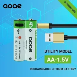 New AA battery 1.5V 2700mAh USB rechargeable lithium-ion battery, suitable for mouse, toy, clock, and remote control batteries