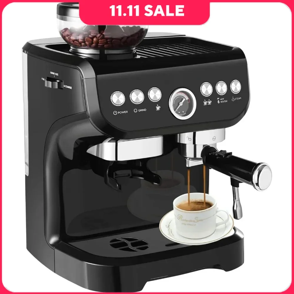 

Professional Espresso Maker with Milk Frother Steam Wand, stainless steel handle & Built-In Grinder, Coffee Machines