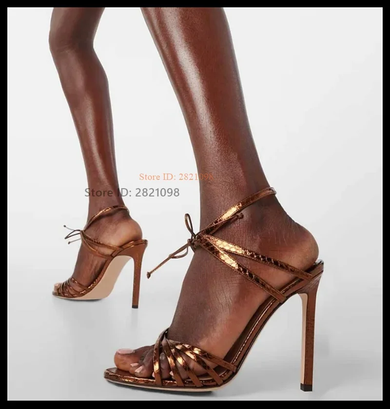 

Brown Metallic Snakeskin Embossed Strappy Lace Up Thin Heeled Sandals Women Stiletto Heels Round Toeline Thin High Heel Shoes