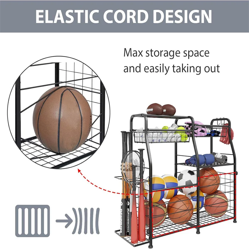 Portaoggetti per palline Sistema organizzatore per garage Palloni da basket per interni ed esterni Palloni da calcio Pallavolo Garage Organizzatore di attrezzature sportive
