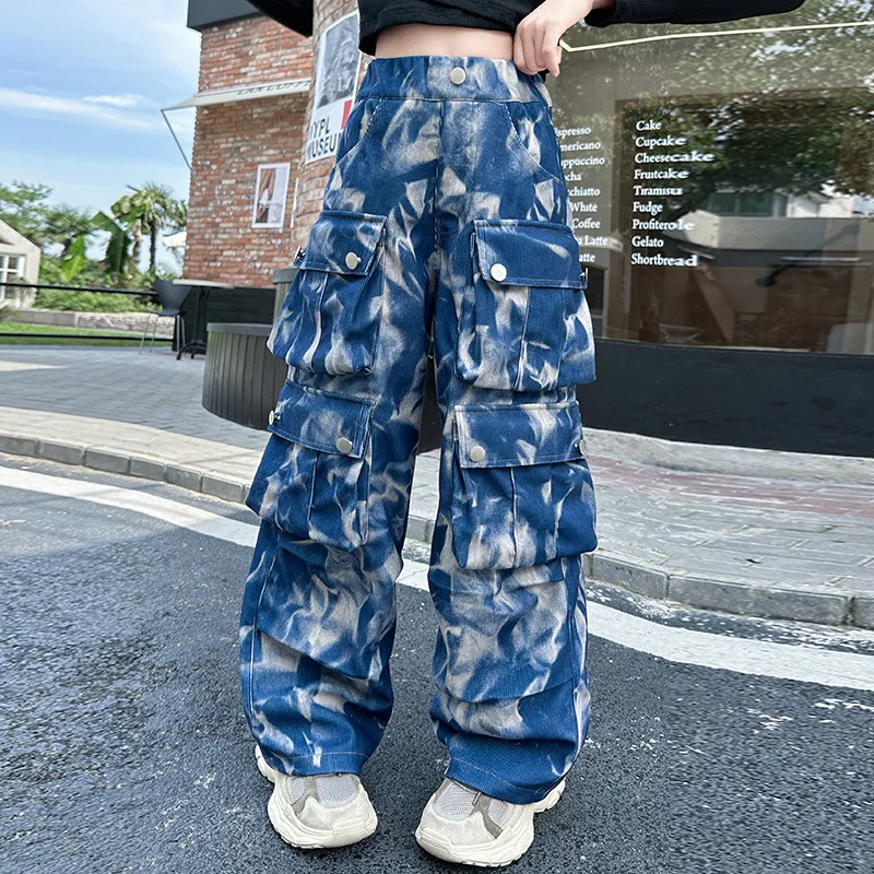 10 14 junior girls Casual tie-dyed Hip Hop cargo pants teen kids Dance Spodnie z szerokimi nogawkami ubrania dla dzieci Spodnie z wieloma kieszeniami