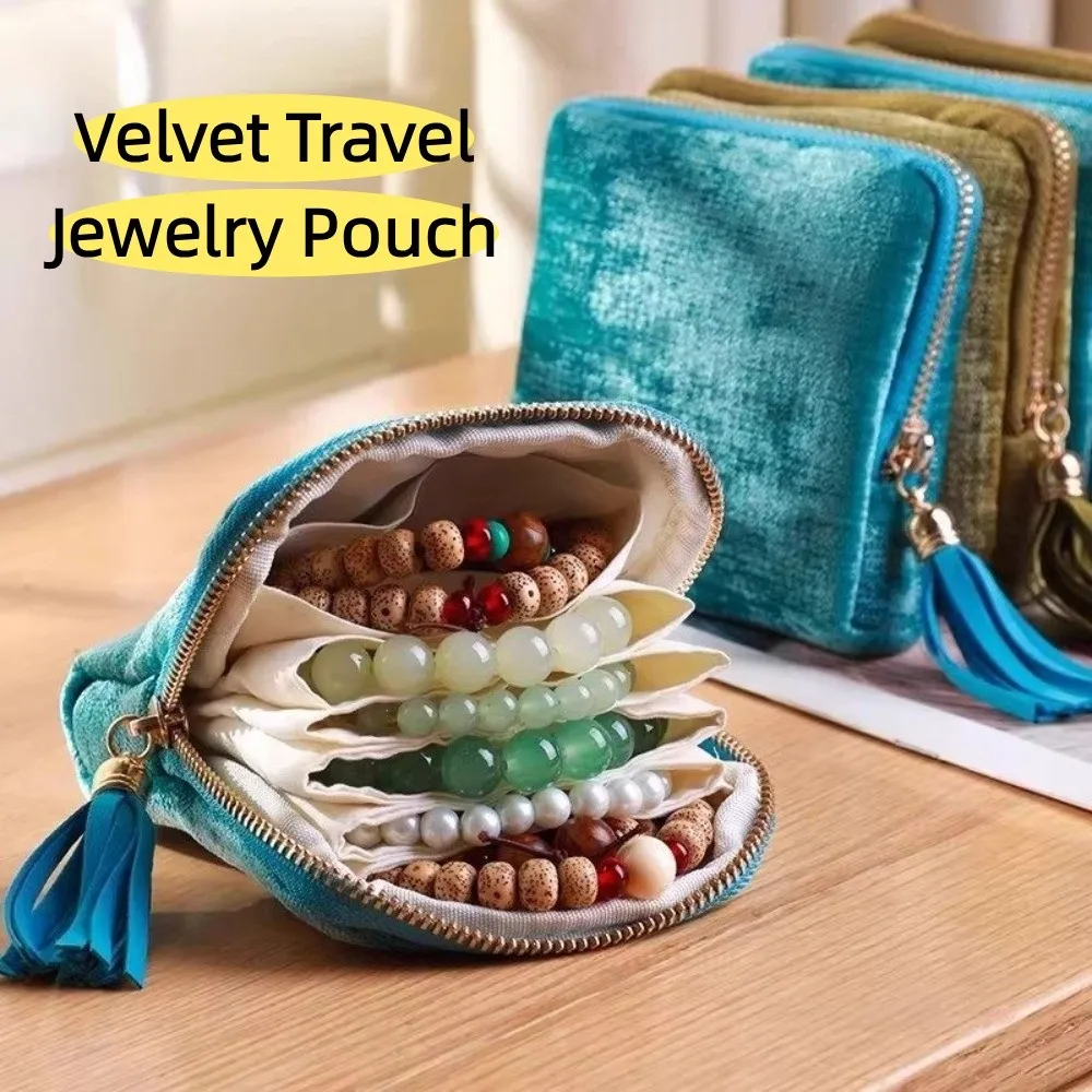 6-Layer Velvet Travel Jewelry Pouch Soft Dustproof Portable Zippered Storage Bag Multifunctional Multi-Compartment