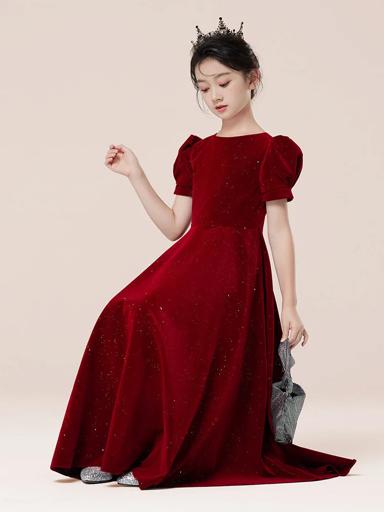 

Платье принцессы для девочек, красное бархатное праздничное платье подружки невесты с блестками, длинное бальное платье, платья с цветочным узором для девочек на свадьбу, торжественное платье