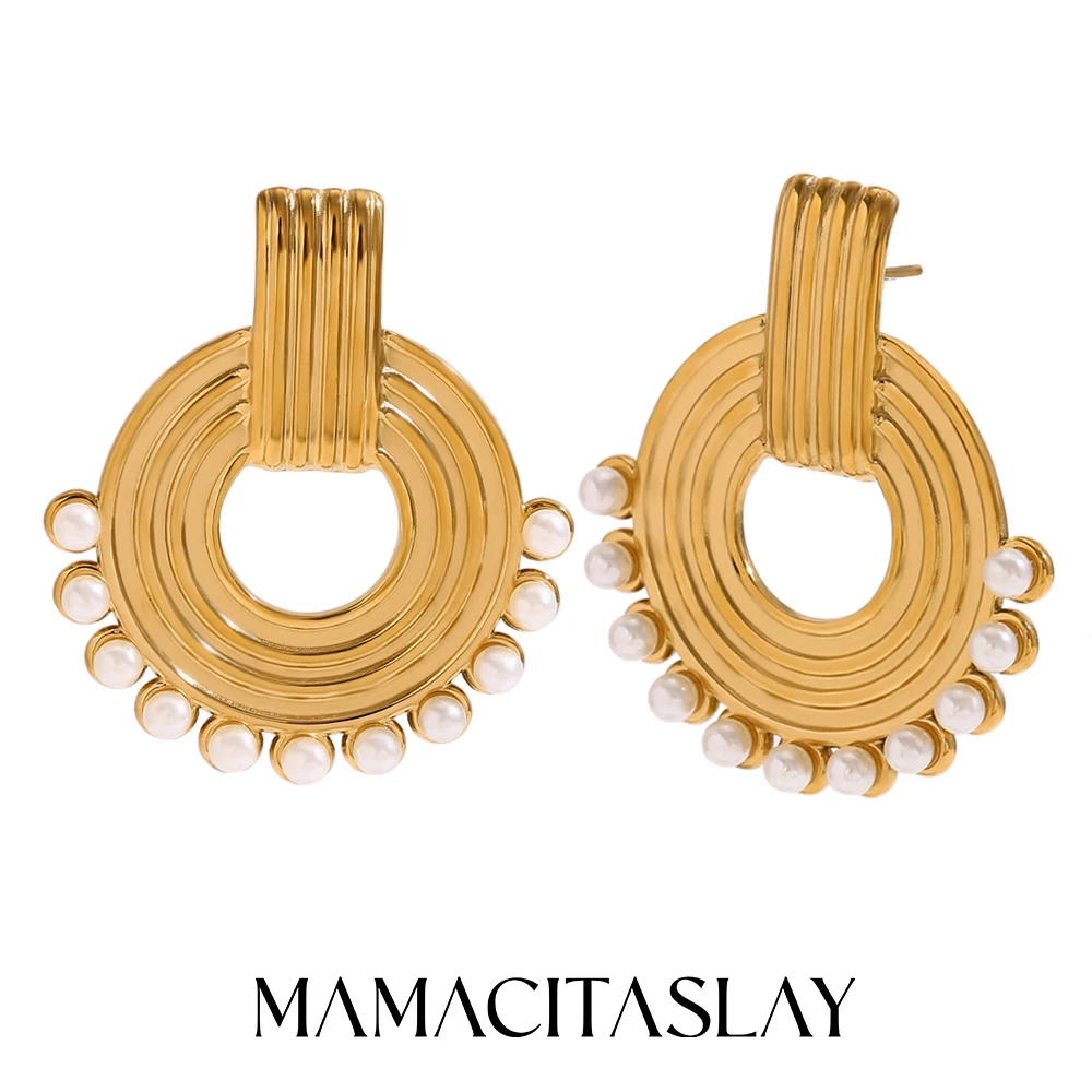 MamacitaSlay Vintage Circle Multi-Layer Lines Imitation Pearls Women's earrings Gold Plated stainless steel women's jewelry