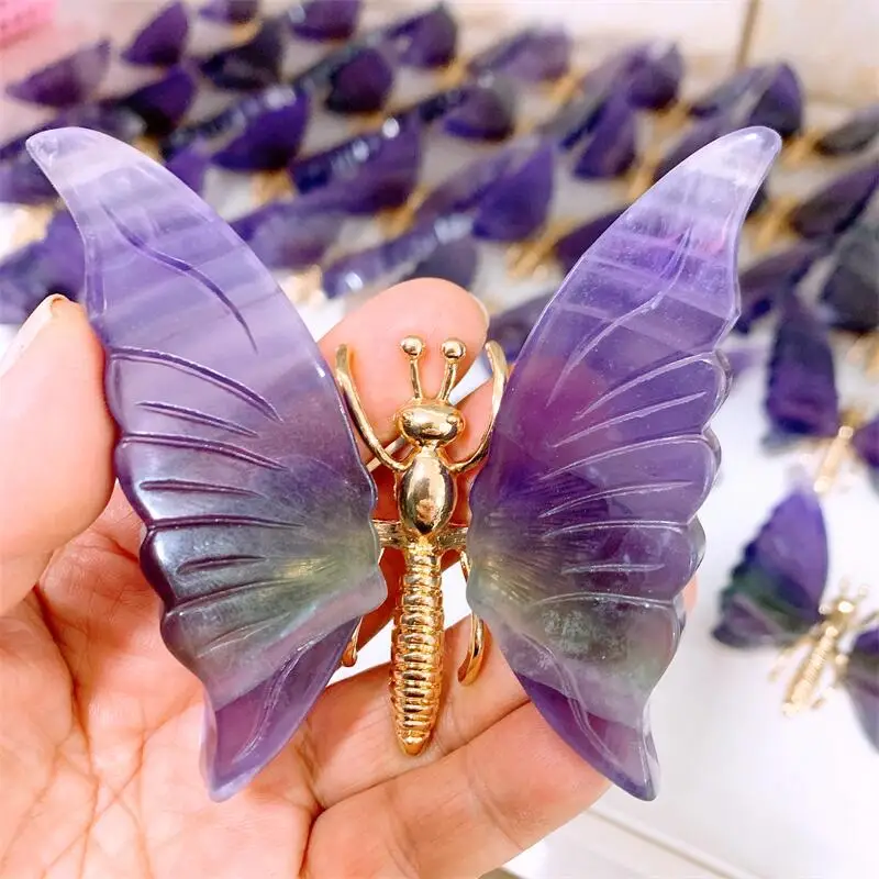 Natural Purple Fluorite Butterfly Figurine Gift Small Healing Crystal Gemstone Carved Sculpture Collection 1pcs