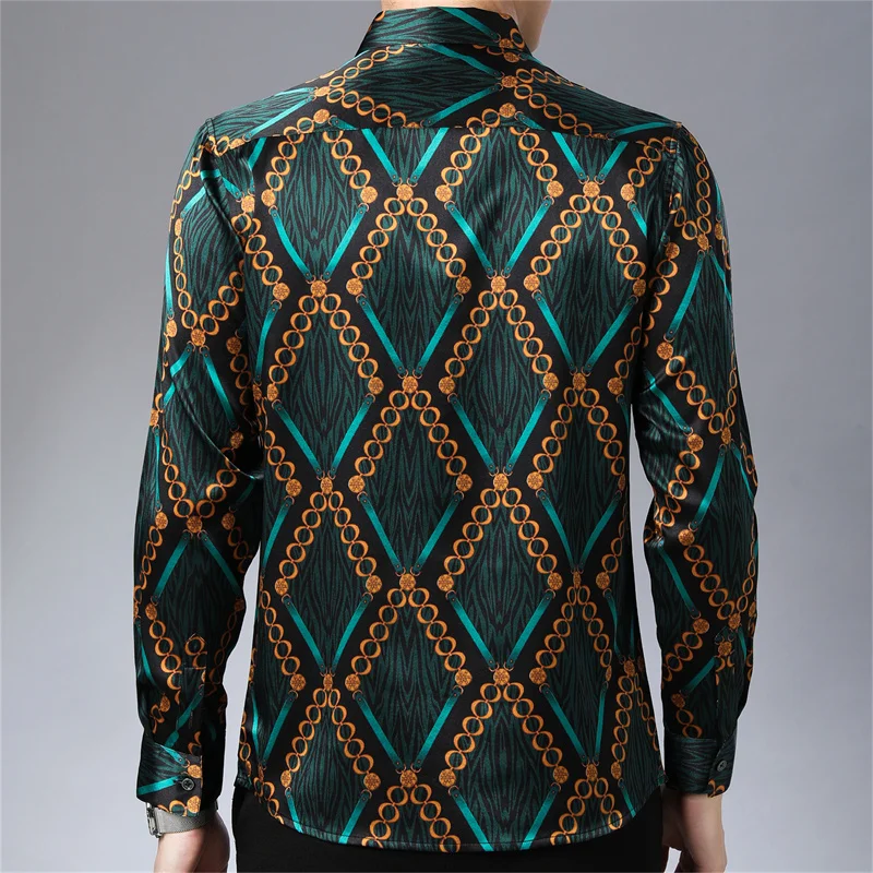 Lightweight Print Green Shirts For Men Long Sleeve Silk Blends Summer Quality Coolness Gentleman Casual Trendy Camisas De Hombre