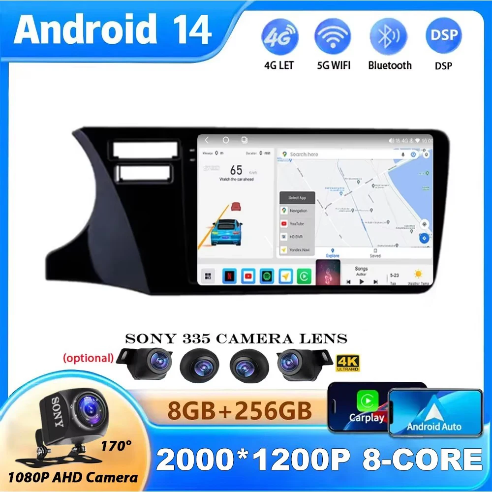 

Автомагнитола на Android 14 для Honda City, мультимедийный проигрыватель с QLED IPS экраном для Carplay No 2Din DVD DSP SWC, 2014, 2016, 2017