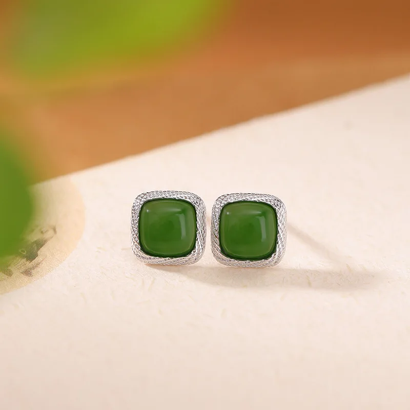 

S925 Sterling Silver Hetian Jade Wheat Spike Square Earrings Studs