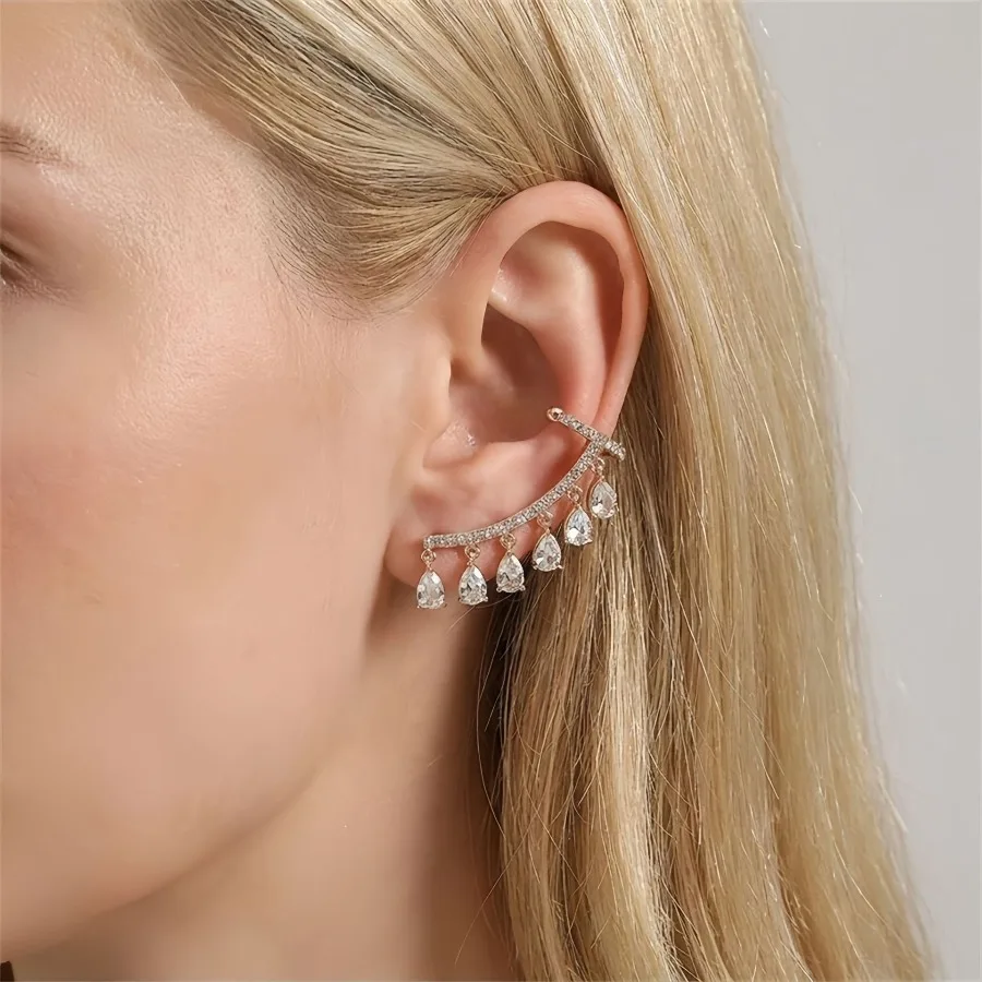 Crystal Water Drop Ear Cuff Earrings for Women Vintage Drop Rhinestone Ear Crawler Earring Non Piercing Earrings Boho Jewelry