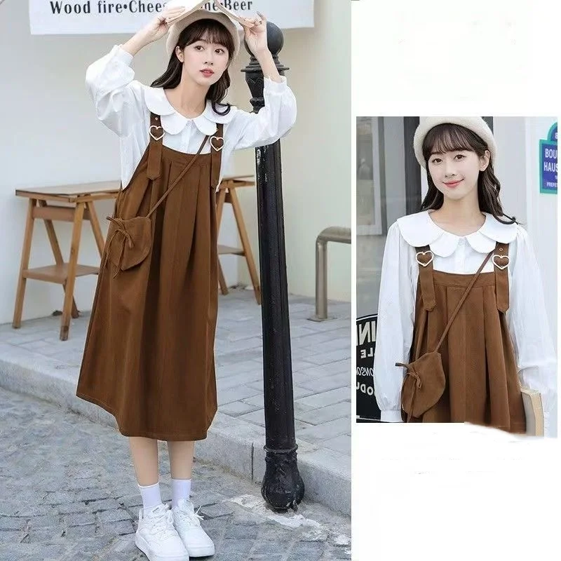 Kawaii Lolita Peter Pan Collar Shirt Sleeveless Suspender Strap ALine Dress Cute Casual Loose Outfit College Style Student Dress