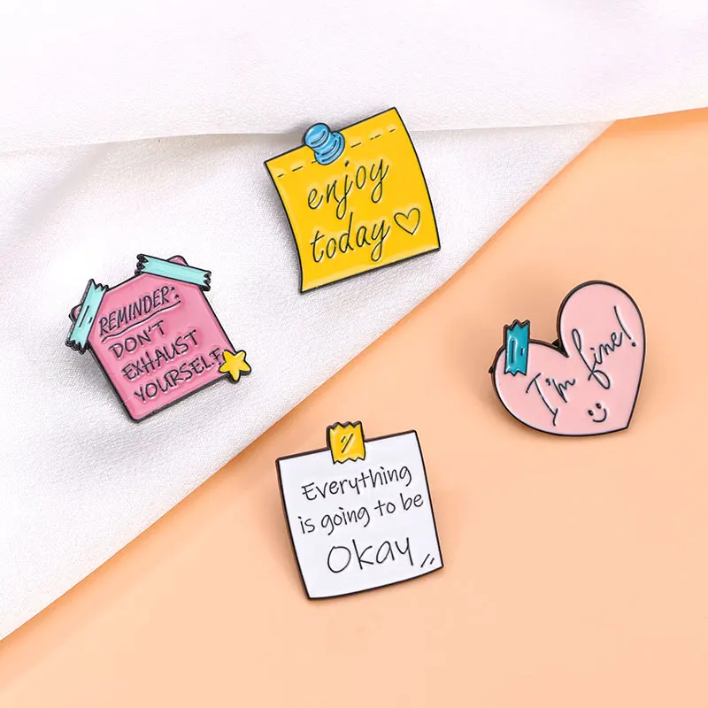 4Pcs/Set Nice Wish Hope Letter Note Paper Collection Pins Enjoy Today Everything Is Going To Be Okay Enamel Brooches