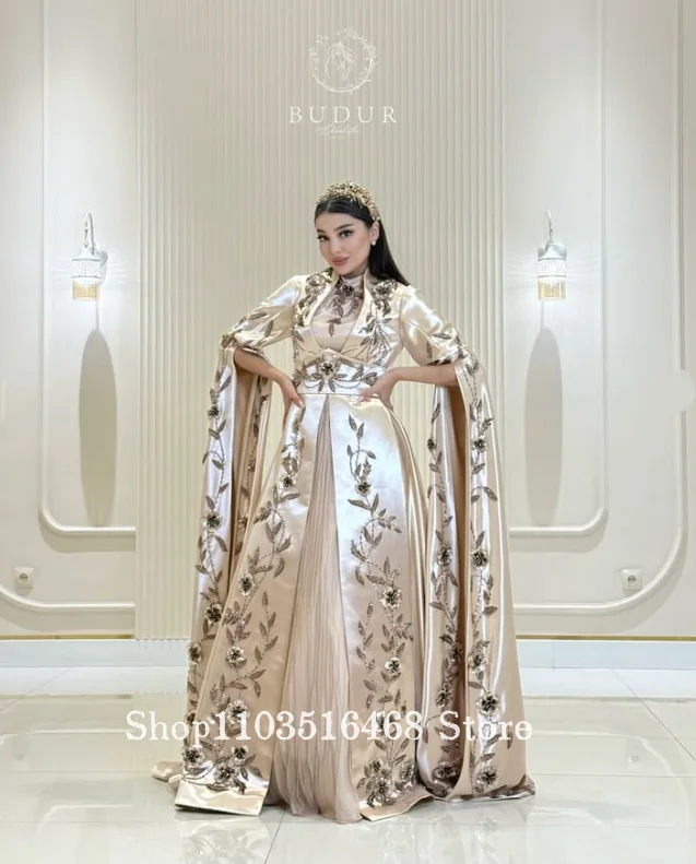 Customised Champagne Gown with Exquisite Embroidery and Beading Muslim Long Sleeve Bridal Dress Islamic Wedding Evening Gown