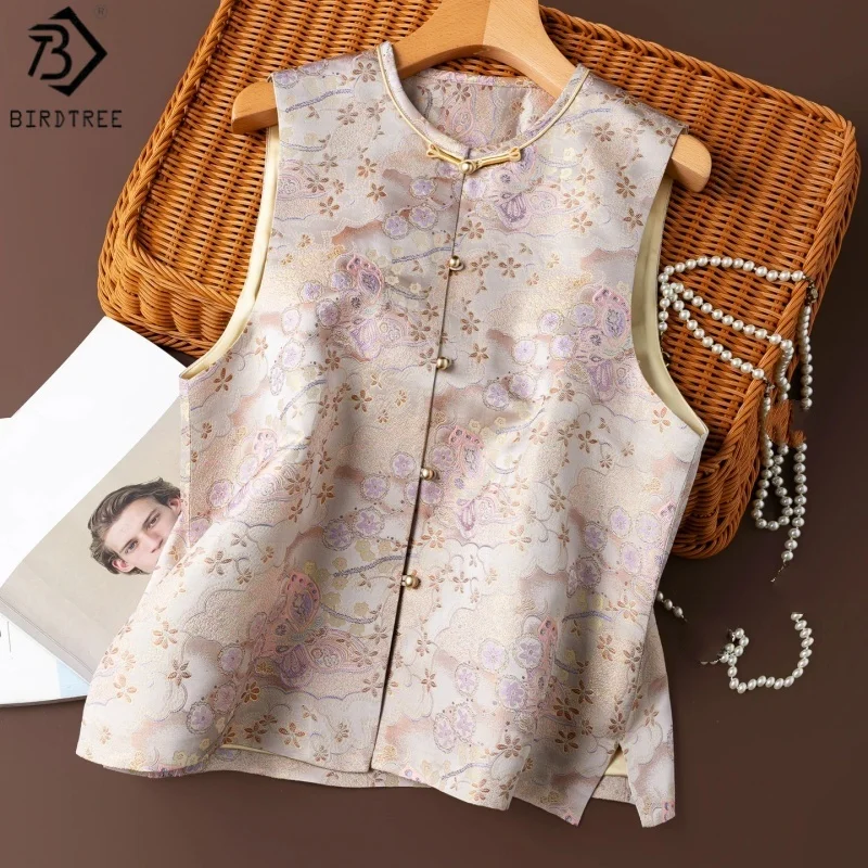 Birdtree, 100% Real Silk Song Brocade Tank Top, Stand Collar Vest, Women Single Breasted Elegant Tops, 2026 Autumn New T68815JF