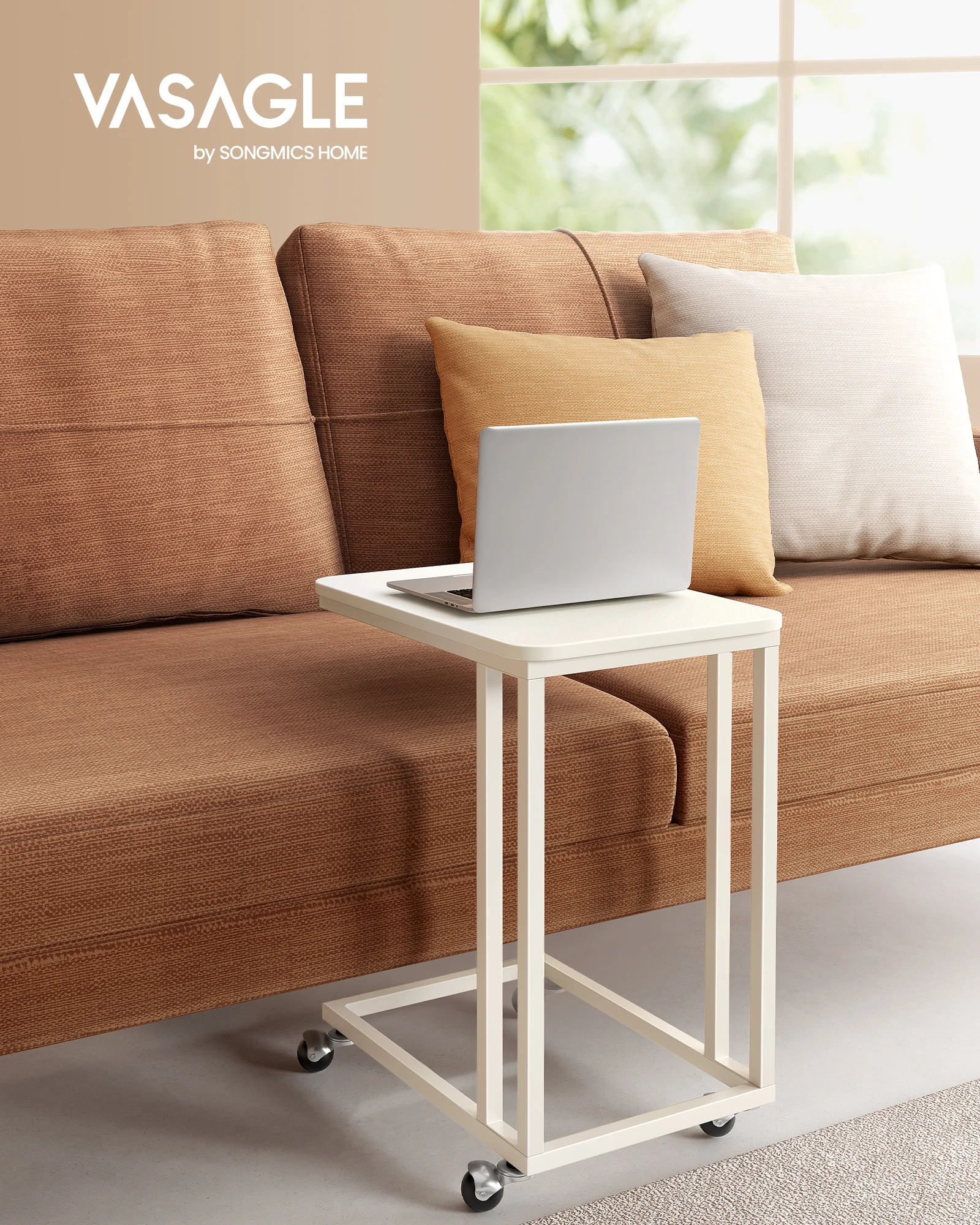 VASAGLE End Table, C Shaped TV Tray with Metal Frame Rolling Casters for Coffee Laptop Mobile Tablet, Industrial Side Table image 2