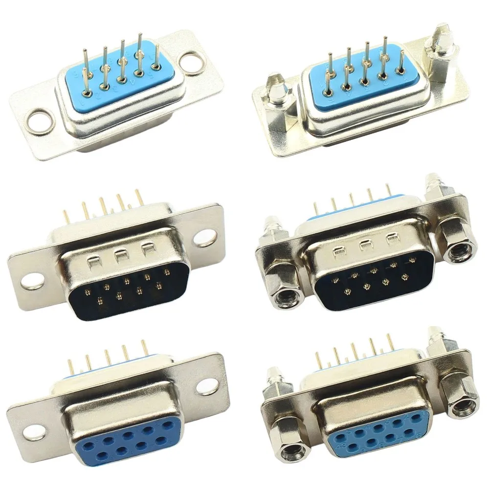 10pcs D-SUB DB9 DIP 9 Pin Round PCB Straight Connector 9P Male Female Set Screw Plug Socket Adapter 2 Rows