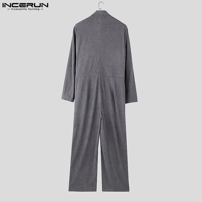 INCERUN Men Jumpsuits Solid Color Lapel Double Breasted Long Sleeve Corduroy Casual Rompers Men Streetwear 2024 Fashion Overalls