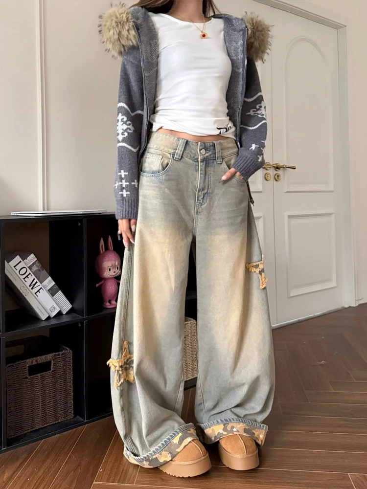 

Retro American Camouflage Star Blade Wide Leg Jeans Women's Loose Fit Casual Washed out Bootcut Denim Pants Design Sense