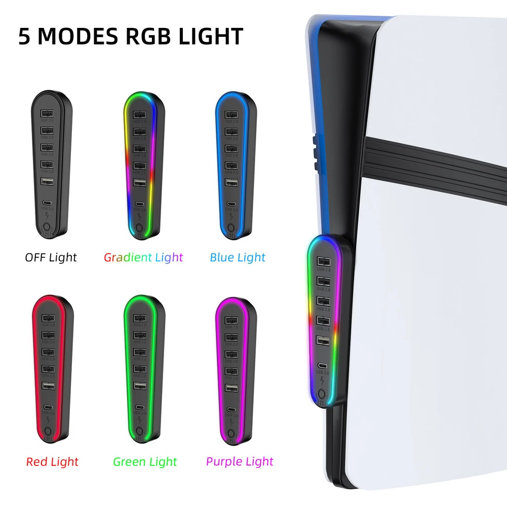 High-Speed 6-Port USB Charging Dock Expansion For PS5 Pro/Slim RGB Charging Expansion Hub Splitter Data Transmission Extender