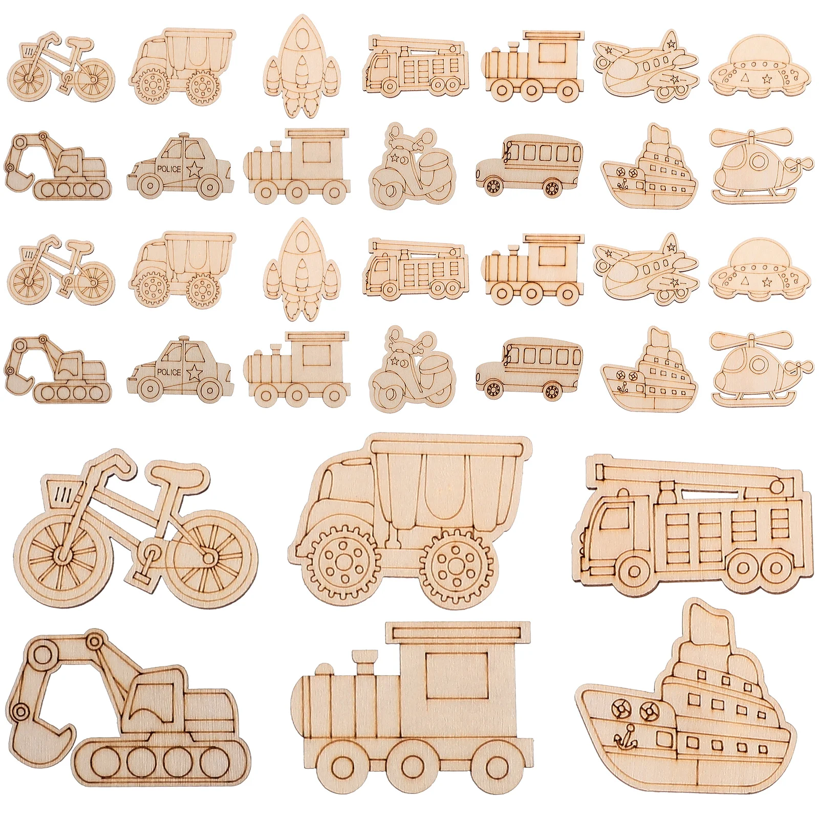 50 Pcs Excavator Aircraft Wood Chips Man Unfinished Cut Outs Vehicles Wooden Tags