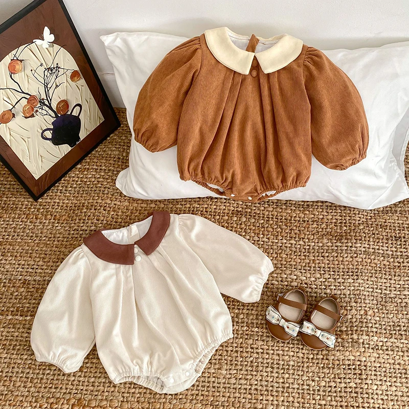 

0-24M Autumn Baby Girl Bodysuit Cotton Lapel Newborn Baby Girl Corduroy Triangle Long Sleeved Jumpsuit Baby Girl Cute Clothing