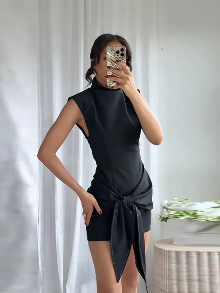 Preto sem mangas vestido feminino alta pescoço contraste ponto gravata cintura mini vestidos 2025 elegante feminino diário all-match vestidos