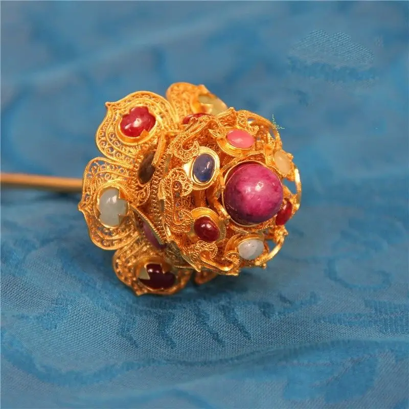 

Hairpin Ethnic Jewelry Step Shake Hairpin Filigree Inlaid Hanfu Headwear Pure Copper Gold Plated Lotus Top Hairpin