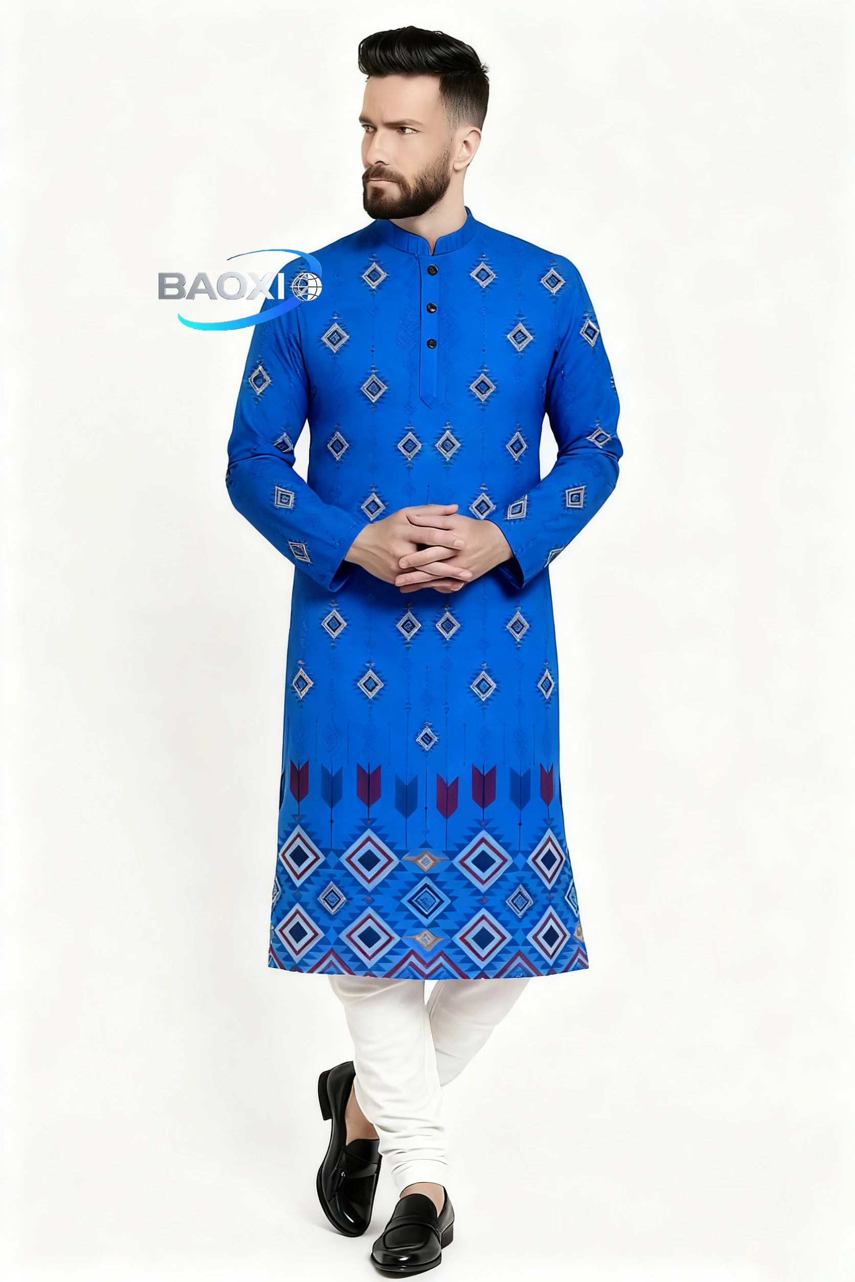2026 abito lungo da uomo con colletto alla coreana stampato Kurta Gezha adatto a tutte le occasioni, come luoghi nuziali di fascia alta