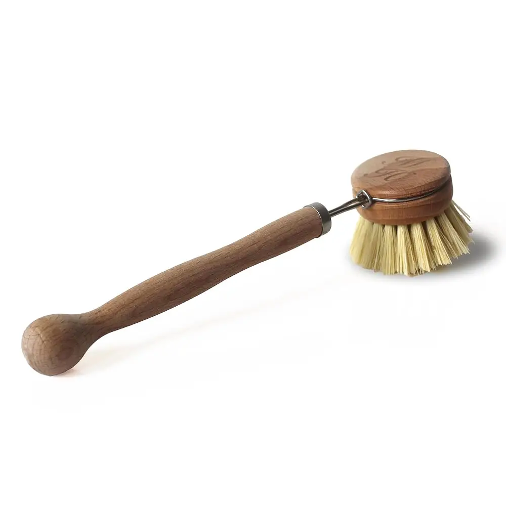 Compostable Dish Brush with Wooden Handle, Replaceable Scrubber Head, No Plastic Parts, All-Natural Materials Scrubbing Tool