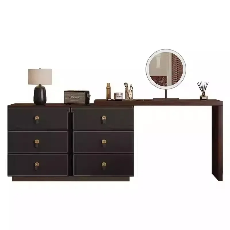 , integrated bedroom, bedside storage cabinet, modern simple walnut color, medium and antique solid wood makeup table