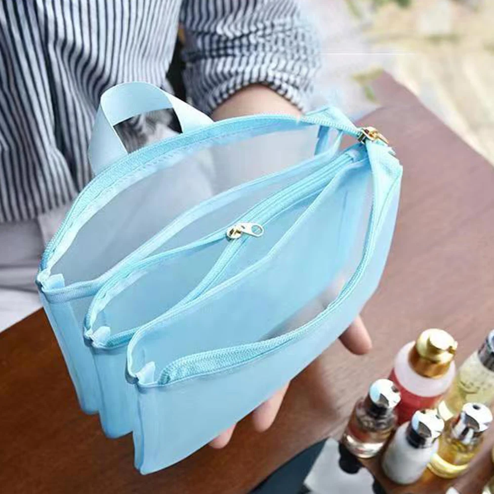 Multifunctional 3 Pocket Zipper Mesh Shower Bag Women Cosmetics Bag Makeup Organizer Hanging Toiletry Accessory With Compartment