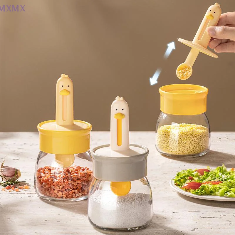 

330ml Glass Seasoning Bottle With Cartoon Duck Telescopic Spoon Household Kitchen Salt Storage Box Leak Proof Moisture-proof