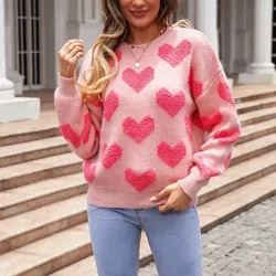 Women Casual Loose Neck Pink Sweater Love Heart Pattern Knitwear Long Sleeve Jumpers Shirts Pullover Top Streetwear