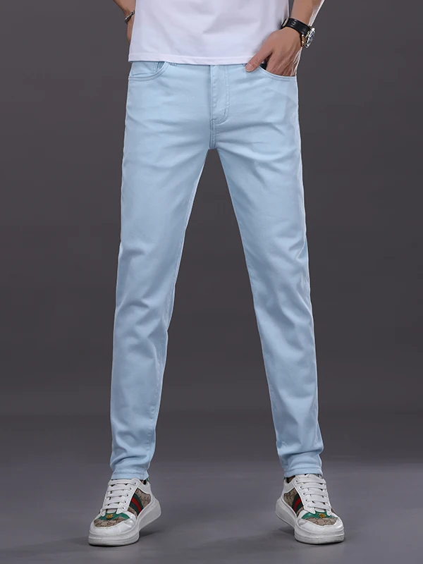 

Высококачественные легкие синие джинсы мужские летние тонкие эластичные повседневные универсальные облегающие длинные брюки из модного хлопкового стрейч-денима