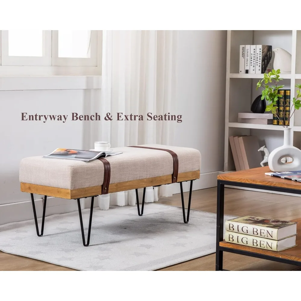 مقعد عثماني مستطيل من الكتان الصناعي الحديث مع حزام PU وأرجل معدنية، مقعد طاولة الطعام ومسند للقدمين ومقعد الأحذية #2