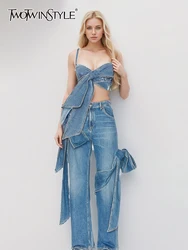 TWOTWINSTYLE Hollow Out Patchwork Bowknot Denim Tank Tops Strapless Sleeveless Backless Sexy Slimming Vests Female Fashion New